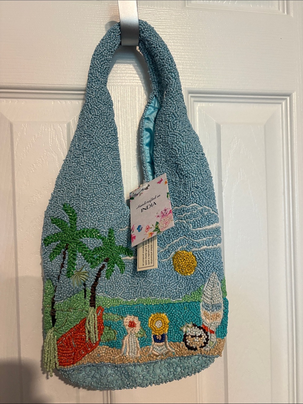 BNWT MADE IN INDIA Blue Palm Trees Beach Beaded Hand Bag